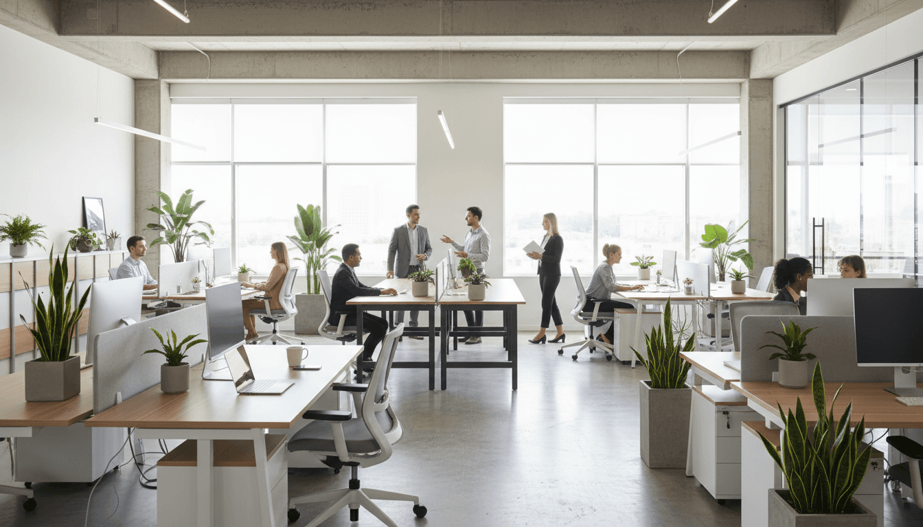 Professional property management team in a modern Austin office with clean workspace