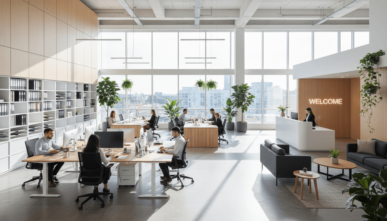 Modern property management office with clean professional workspace and natural light