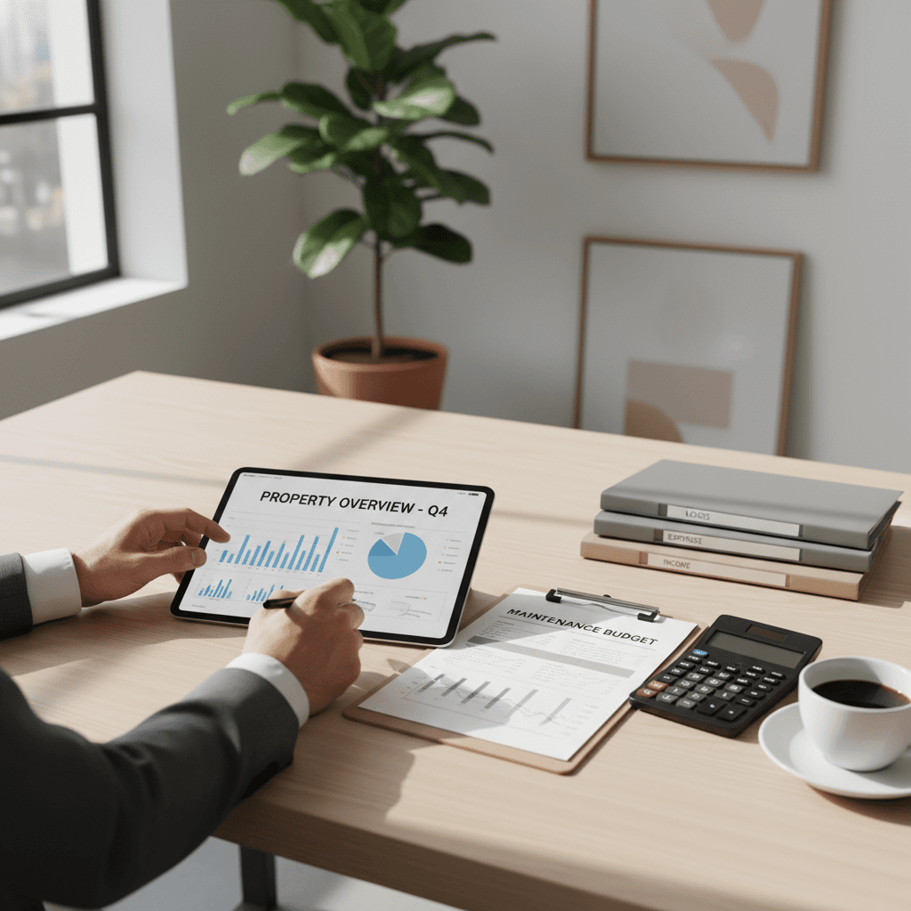 Property management professional reviewing documents