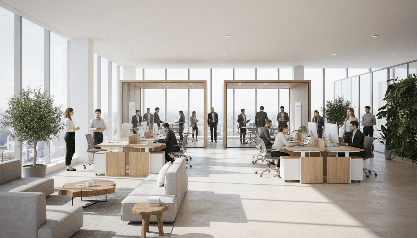 Modern property management office with professional workspace and natural lighting