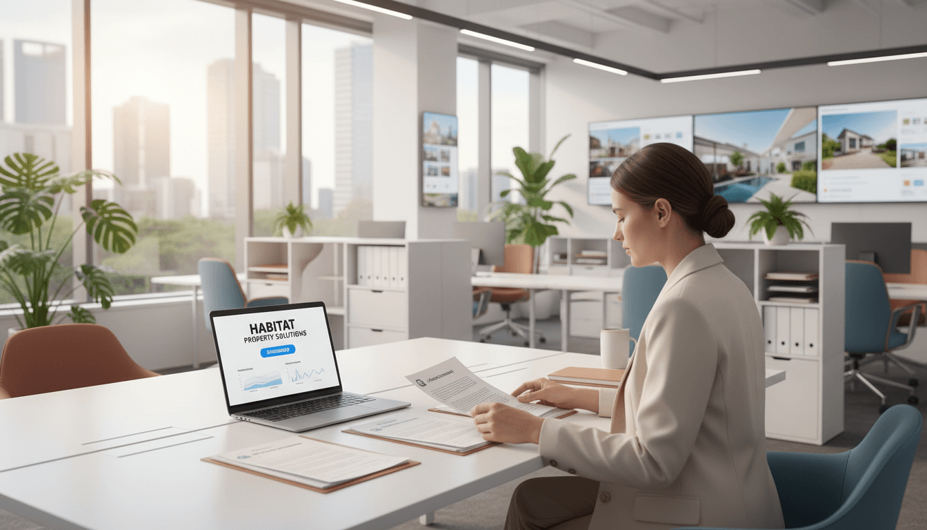 Professional property manager at modern office desk with lease documents